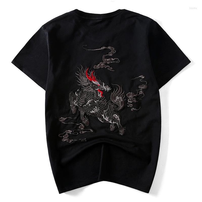 

Men's T Shirts 2023 Summer Short Sleeve T-Shirt Chinese Style High Quality Kirin Embroidery Cotton Short-sleeved Male, Black