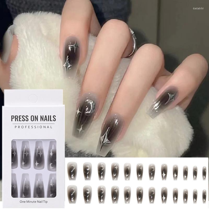 

False Nails Black Silver Stars Detachable Nail 24pcs/box Moon Flower Heart Ballerina Square Wearable Press On Full Cover Fake, 03