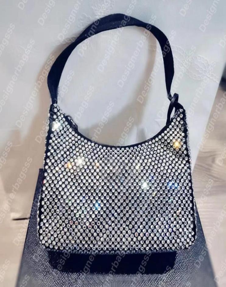 

Designer shoulder bag 2005 nylon diamond Hobo fur women crystal handbag Pleated crossbody purse Embellished satin mini bag lady Lu8151942, Silver