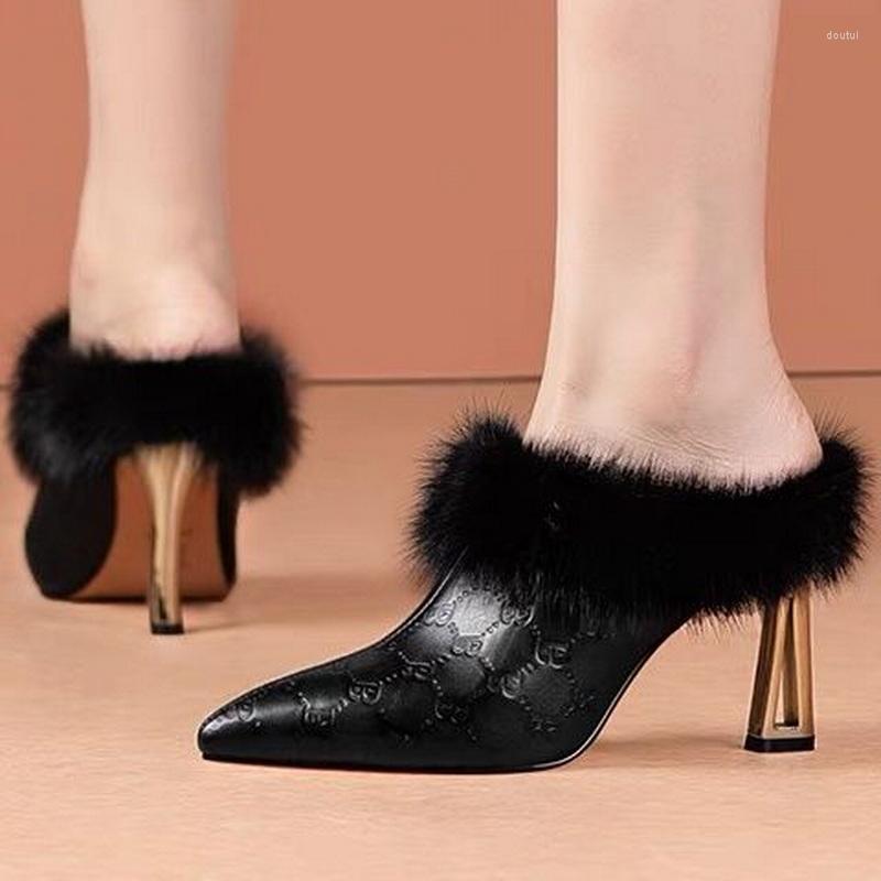

Slippers FHANCHU 2023 Women Winter Fashion Sexy High Heels Mink Hair Slides Pointed Toe Shoes Black Dropship