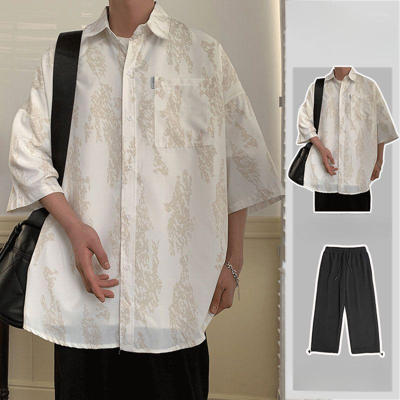 

Men's Tracksuits 2023 Summer Men Sets Printing Shirt Lapel Short Sleeve & Straight Pants 2PCS Streetwear Korean Casual Suits BS119, Black t-gray pants