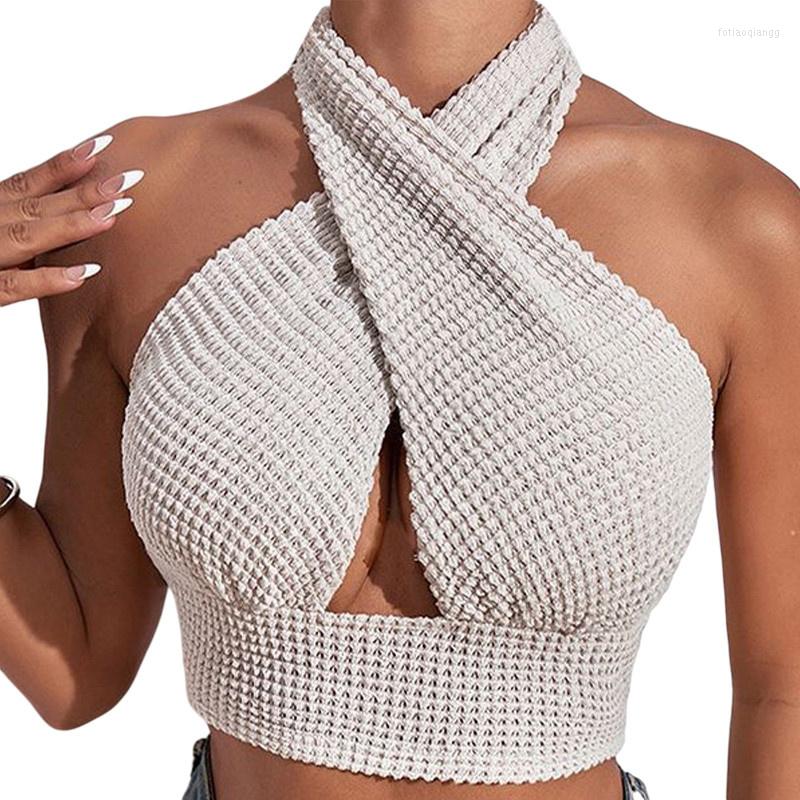 

Women' Tanks Women Cross Halterneck Crop Tops Summer Camisole Clothes Sexy Solid Color Y2k Sleeveless Backless Vintage T-shirt Streetwear, Beige