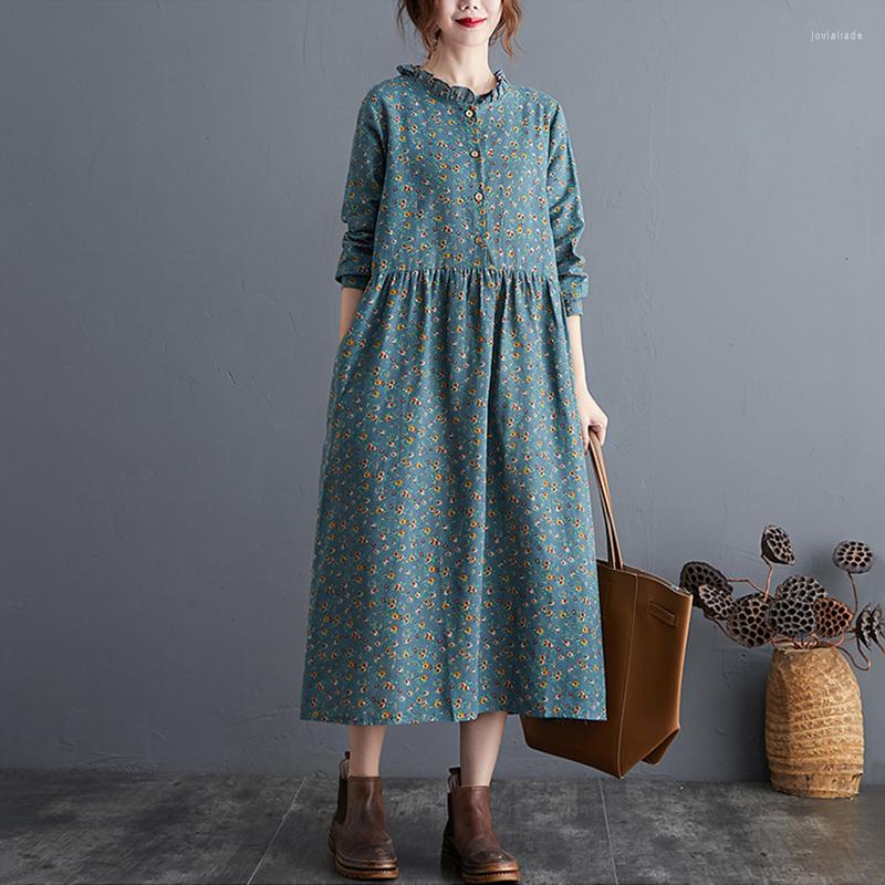 

Casual Dresses Cotton Linen Vintage Floral Long Sleeve For Women Ruffled Collar Loose Spring Autumn Dress Elegant Clothes 2023, Orange