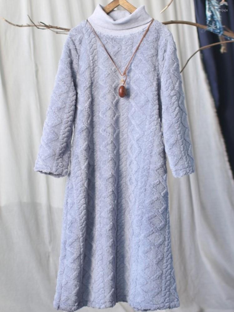 

Casual Dresses Johnature Women Vintage Plush Pullover Turtleneck Warm Robes 2023 Spring Long Sleeve High Quality Dress, Gray