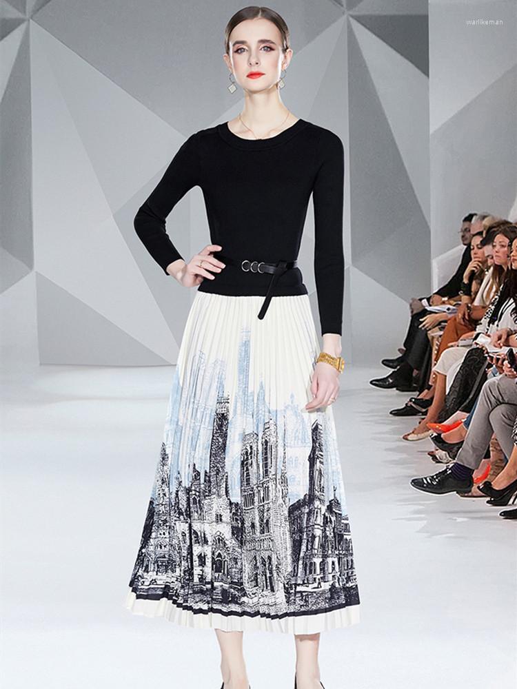 

Casual Dresses Autumn Winter Runway Fashion O-Collar Midi Women Long Sleeve Patchwork Knitted Printing Pleated Dress Belt Vestidos, Picture color