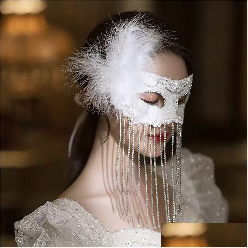 

Party Mask Mj0017 Masked Ball White Feather Lace Princess Eye Half Face Y Goddess Rhinestone Tassel Drop Delivery Events Supp Dh3Hw