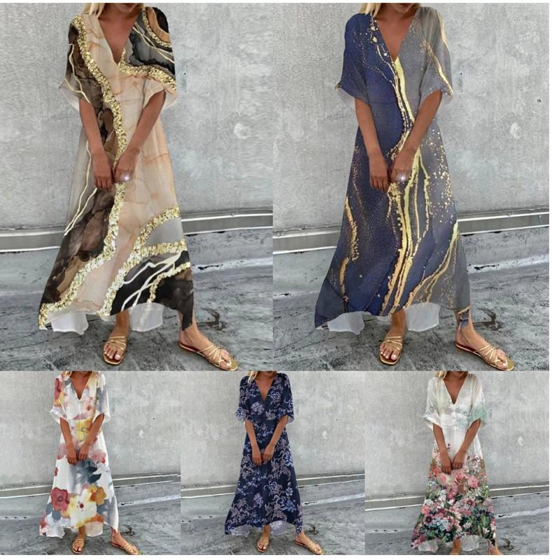 

Casual Dresses 2023 Bohemian Long Dress Women Summer Vintage Floral Print V Neck Half Sleeve Female Drawstring Loose Beach