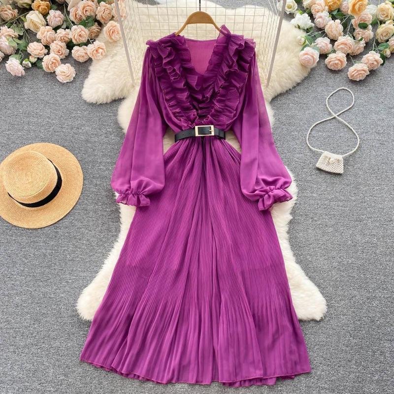 

Casual Dresses Office Ladies Elegant Long Sleeve Solid Chiffon For Women V Neck High Waist Bandage Slim Vestido Mujer, Pink