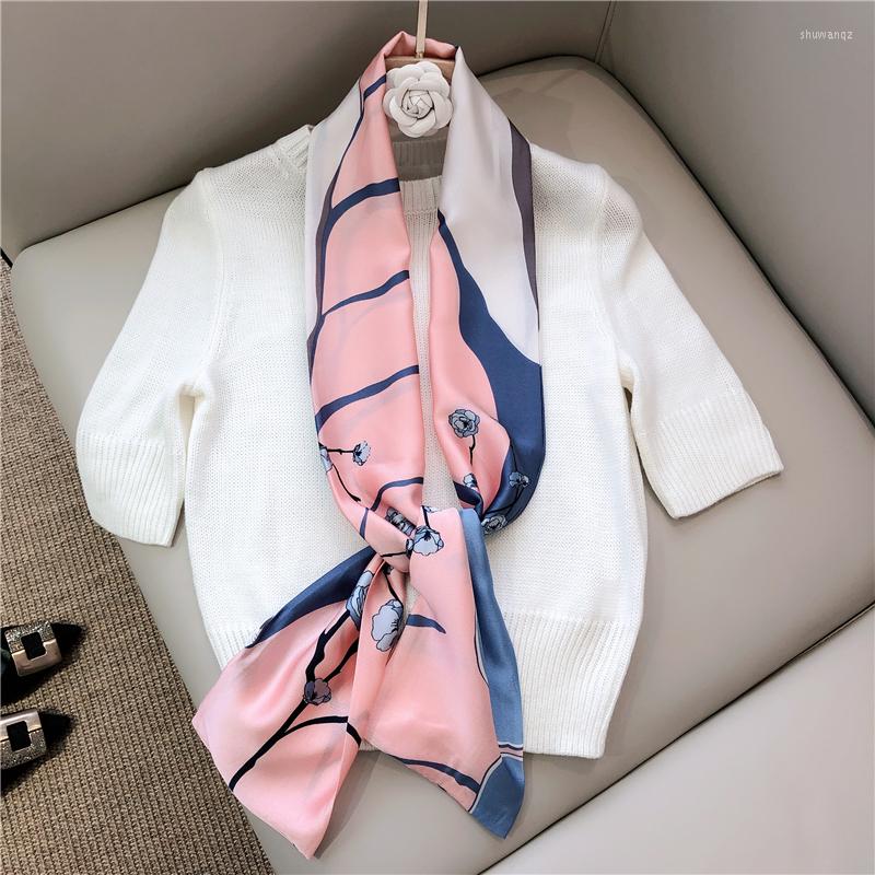

Scarves 2023 Designer Korean Small Long Silk Scarf For Women Spring Autumn Printed Bow Tie Double OL Style Fashion Neck Cover 15CMX145CM