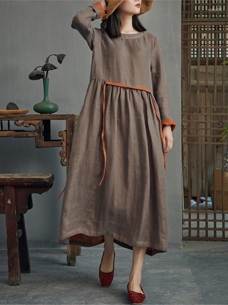 

Casual Dresses Spring Cotton Linen Vintage Retro Dress Women Loose Solid Color Long Sleeve Ramie O-neck Sashes, Gray