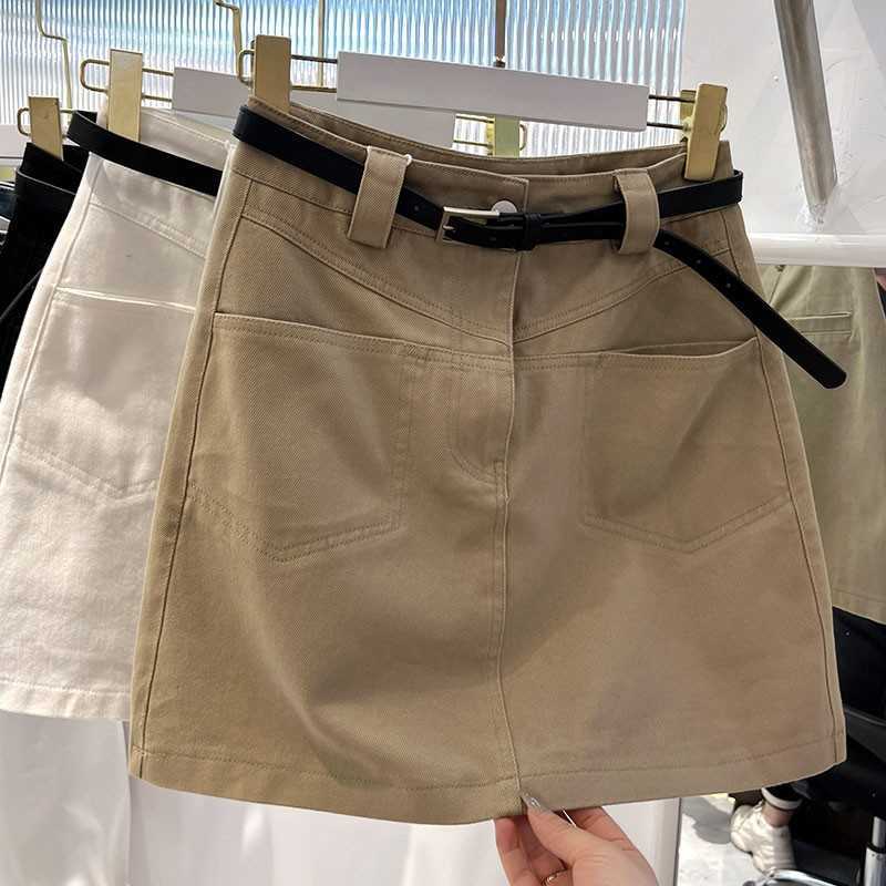 

Khaki work clothes denim skirt women' 2023 summer anti slip high waist elastic hip wrap skirt a-line skirt, Black4