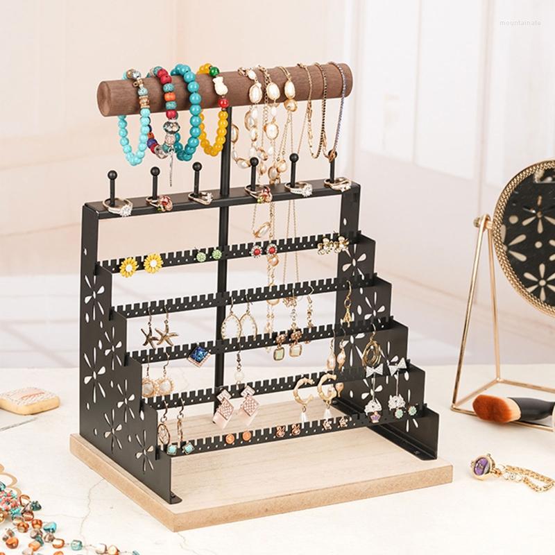 

Jewelry Pouches Tabletop Organizer With Tray Metal Earring Hanger Rack T Bar Display Stand For Bracelet Watch Multifunctional 55KA