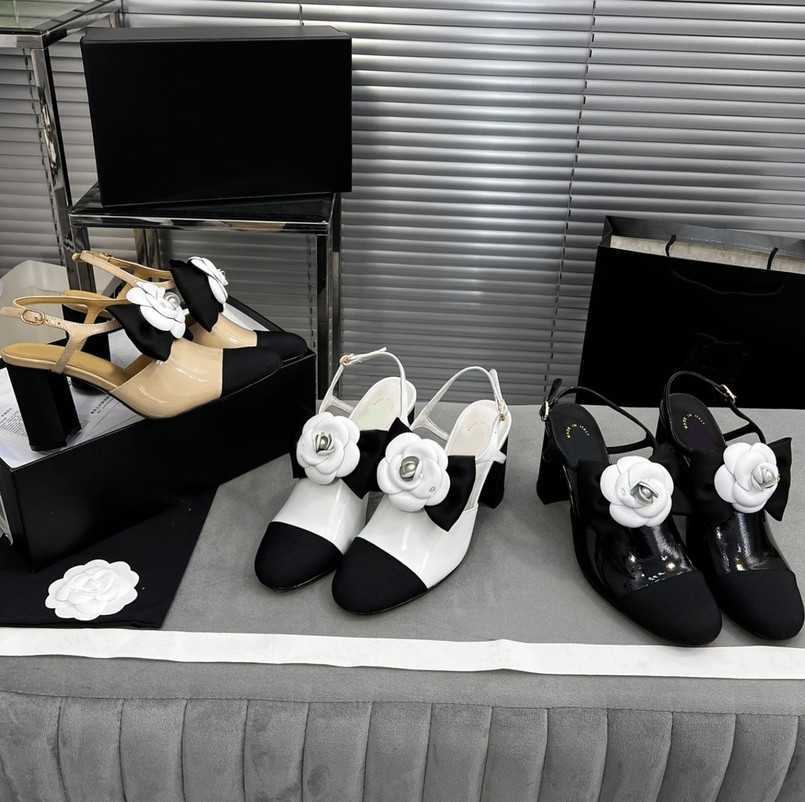 

Channel Women Sandals Mid high Black heels Camellia Sandal Womens Party Heeled Slides Slingbacks Dress Shoes Pumps Cap Toe bowknot ladies wedding shoe size 35-39, Chl4248