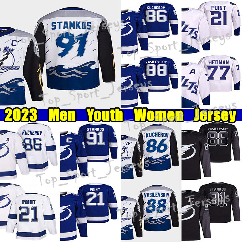 

#91 Steven Stamkos Reverse Retro hockey jersey #86 Nikita Kucherov #88 Andrei Vasilevskiy Brayden Point Victor Hedman Mikhail Sergachev Anthony Cirelli jerseys, White new reverse retro women