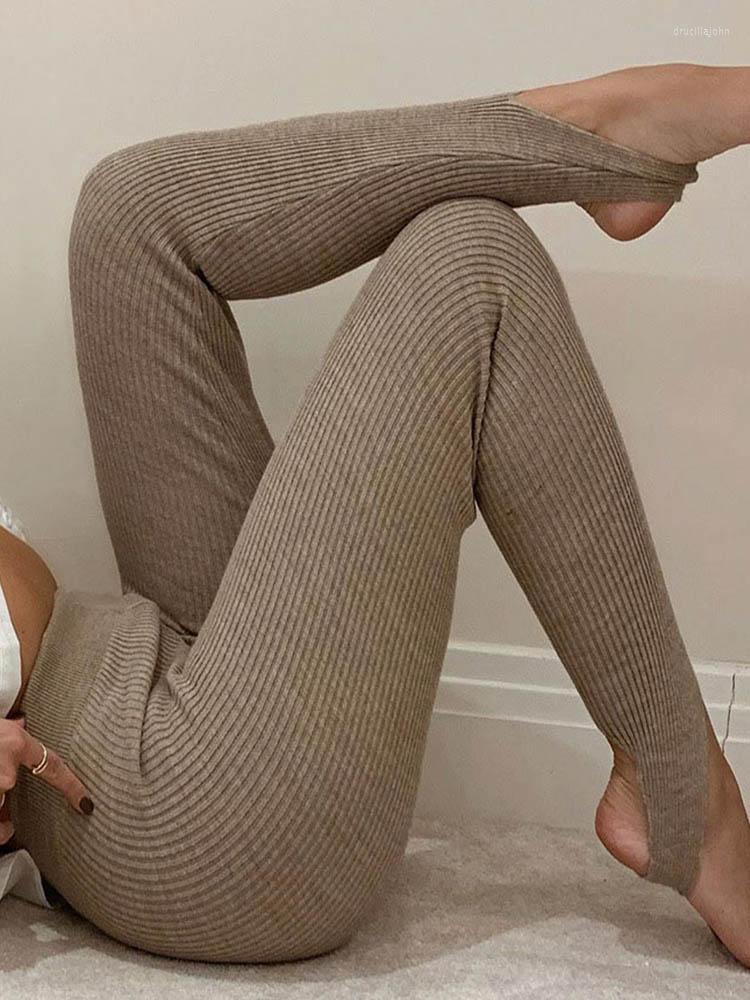 

Women's Leggings Beige Ribbed Knit Women High Waist Cotton Fitness Basic Pants Casual Spring All-Match Female Skinny, Gray