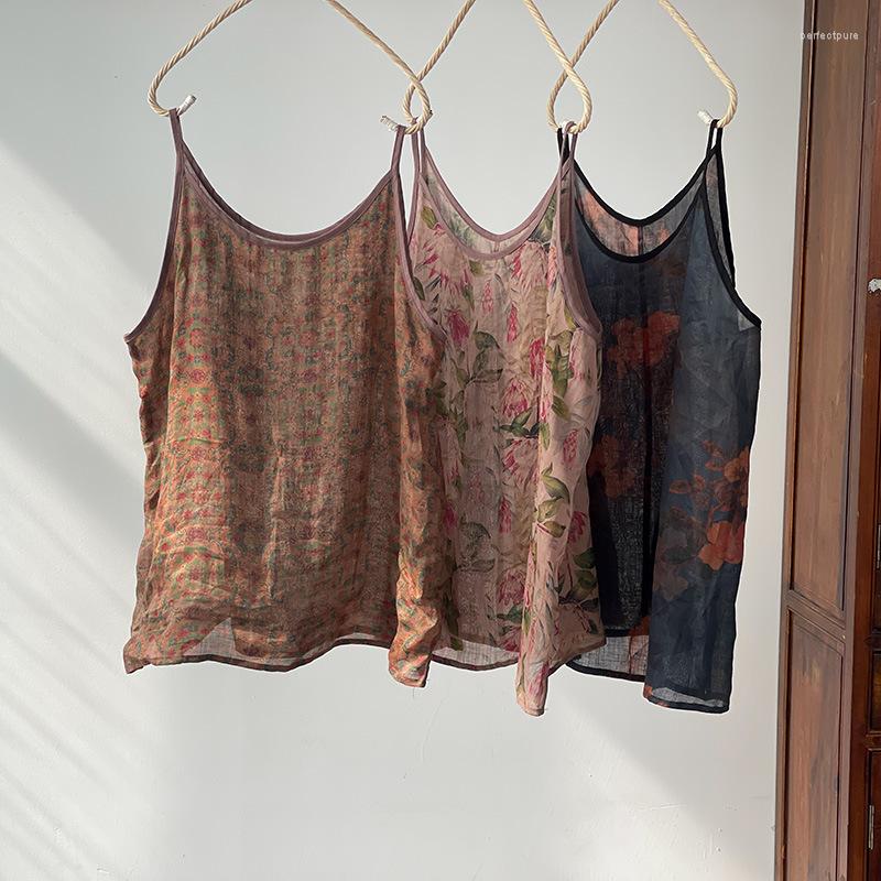 

Women's Tanks Ramie Thin Women T Shirt Print Floral Sleeveless Tank Tops 2023 Summer O Neck Fashion Basic Camis Female YoYiKamomo