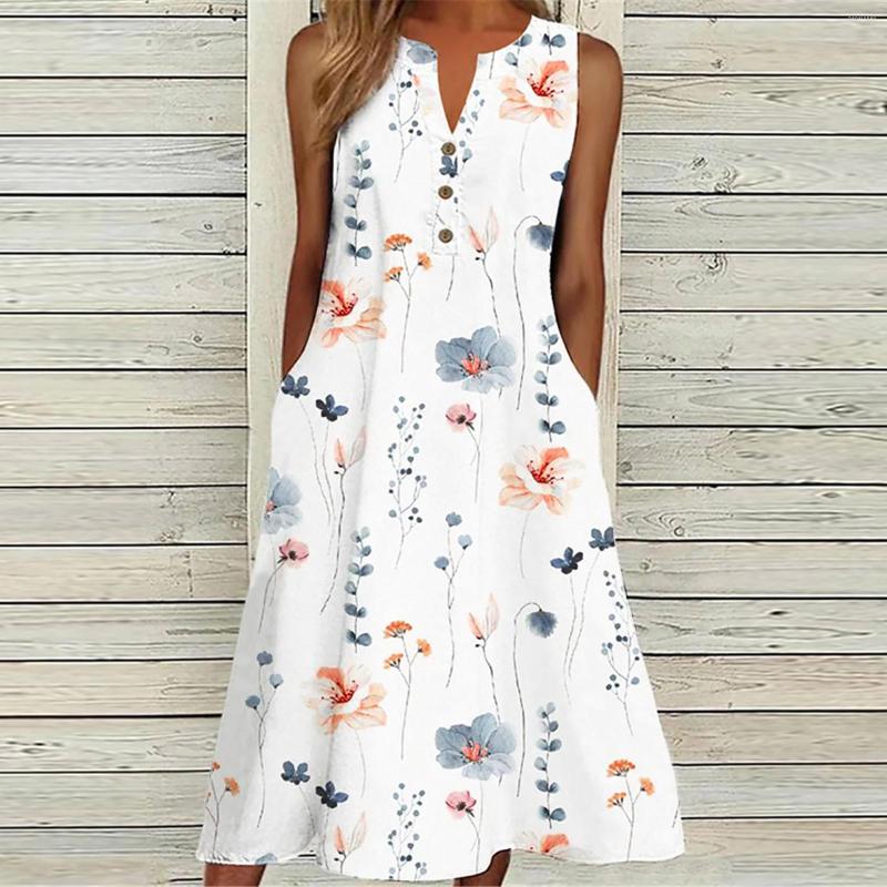 

Casual Dresses Women Print Dress Sleeveless V Neck Pocket Loose Womens Sundress Maxi Ladies Woman, White