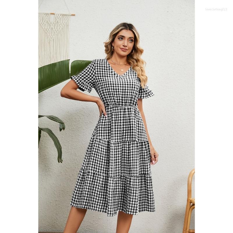 

Casual Dresses Womens Summer Short Sleeve V-Neck Flowy Midi Long Dress Plaid Print Empire High Waist A-Line Ruffle Hem Swing, Black