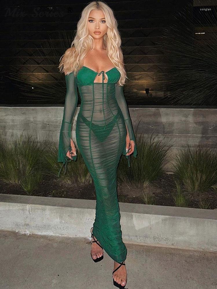 

Casual Dresses Mesh See Through Strapless Maxi Dress Women 2023 Spring Summer Sexy Long Sleeve Lace Up Female Slim Partywear Vestido, Black