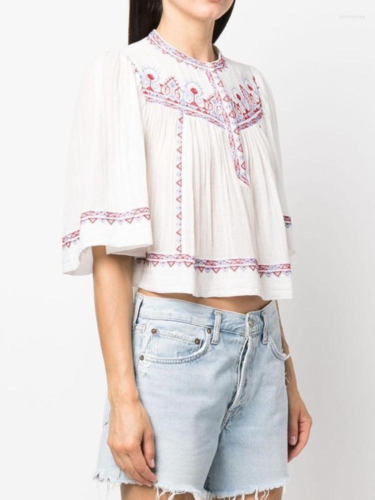 

Women's Blouses Women's Ethnic Style Embroidery Cropped Shirt Loose Cotton Top Female Batwing Sleeve O-Neck Blouse, White