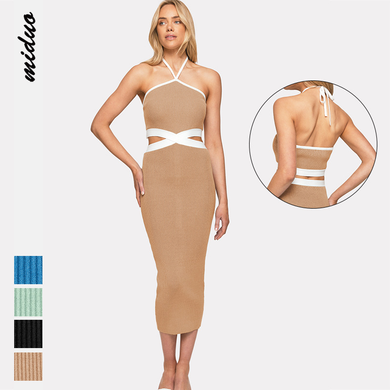 

Womens knitted fitted dress sleeveless halter lace-up backless sexy hollow out design slimming fitted hip skirts for girls Europe and American style for summer, Sandybrown
