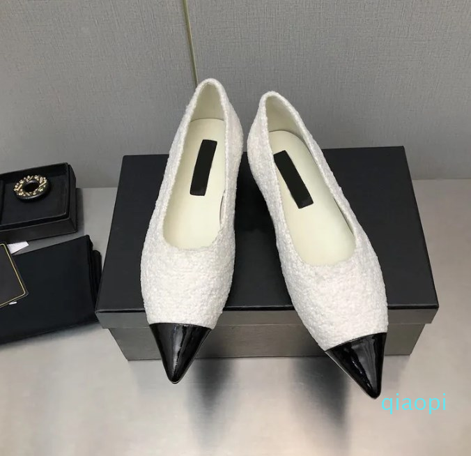 

Women Dress Shoes Nude Toe Pumps Tweed Calfskin White Black Leather Tweeds Fabrics Winter Casual Shoes Fashion wedding Flat Shoe With Box, #5
