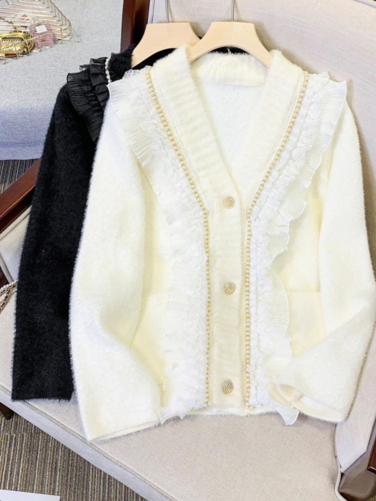 

Women's Knits 2023 Knitted Cardigan Clothes Women V-neck Thicked Pull Femme Heavy Beading Fashion Jumper Patchwork Gauze Ruffles Sweet, Black
