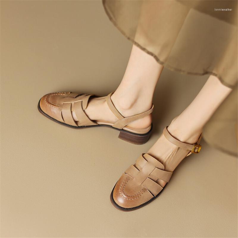 

Sandals 2023 Summer Split Leather French Retro Woman Shoes Chunky Heel Round Toe Handmade Casual Women Pumps, Brown