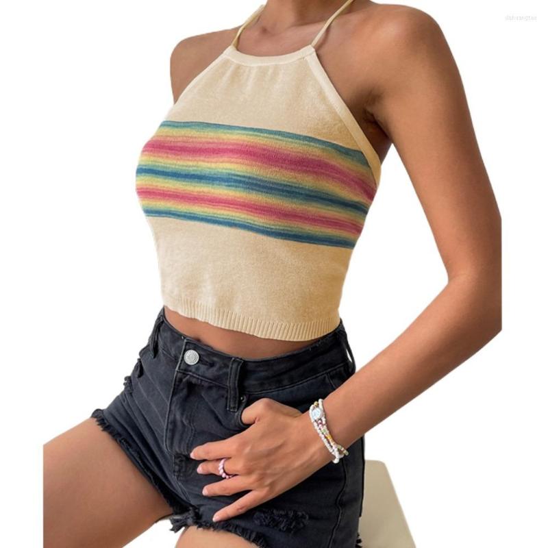 

Women' Tanks 2023 European And American Summer Women' Sexy Open Back Lace Up Neck Rainbow Stripe Suspended Top, Beige