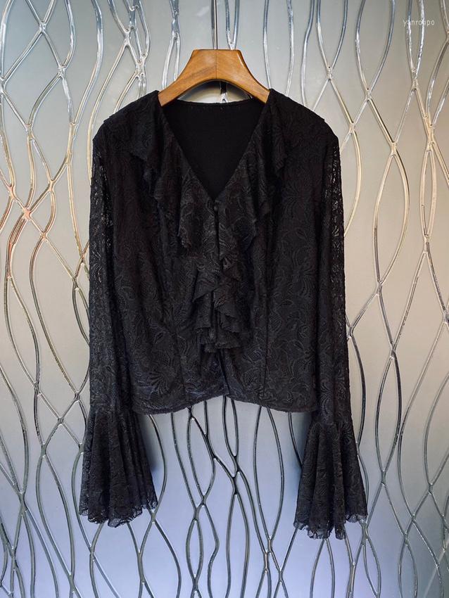 

Women' Blouses 2023 Women Fashion Horn Long Sleeve Sexy V-neck Ruffle Edge Lace Shirt Women' Top 0311