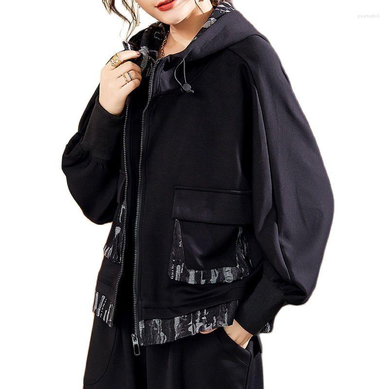 

Women's Jackets 2023 Spring And Autumn Female High Grade Splicing All-match Bat Sleeve Top Jacket Women's Hooded Korean Loose Leisure, Black