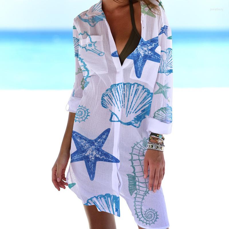 

Women's Blouses Sea Shell Starfish Print Summer Women's Blusa Long Sleeve Button Up Office Shirt Outwear Beach Blouse Sunscreen, Cs59978