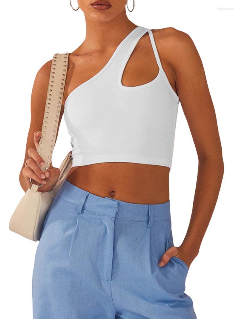 

Women' Tanks Women One Shoulder Sleeveless Crop Top Y2k Slim Fit Summer Vest Solid Clean Old Money Outfit Shirt For Streetwear, 8-white