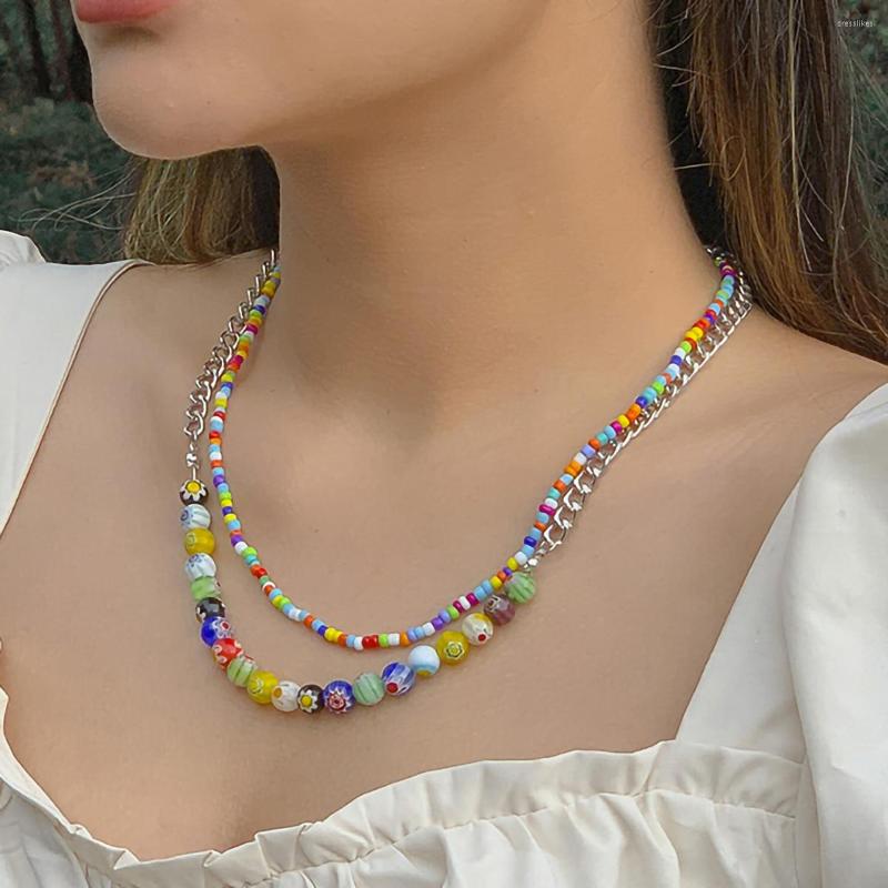 

Pendant Necklaces IngeSight.Z Bohemian Colorful Glass Rice Beads Handmade For Women MultiLayer Punk Silver Color Link Chain Choker NecK