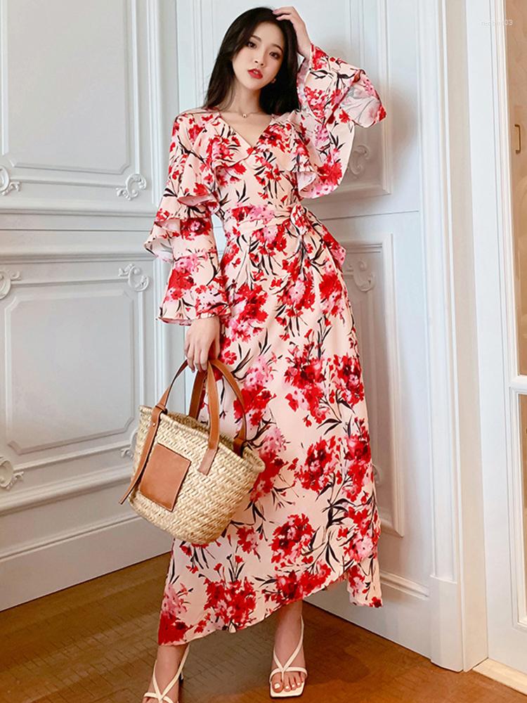 

Casual Dresses Summer Maxi For Women 2023 Sweet Bohemian Beach Dress Floral Long Sleeve Ruffles Bandage Robes Female Seaside Holiday, Mixed color