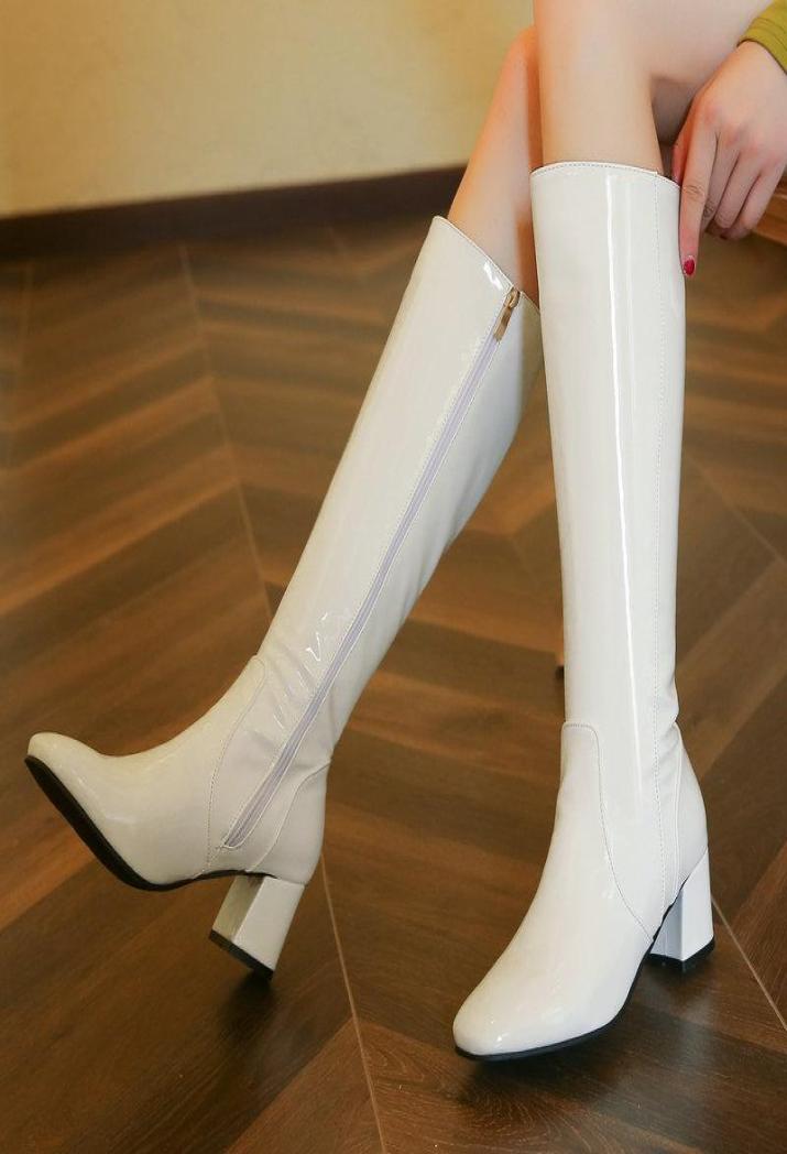 

Boots Black White Red Women Patent Leather Thick Heel Knee High Fashion Zipper Square Toe Autumn Winter Long8680076