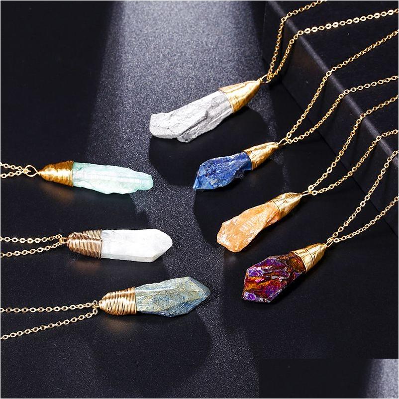 

Pendant Necklaces Geometric Druzy Stone 7 Colors Gold Plated New Design Geometry Natural Necklace For Elegant Women Fashion Drop Del Dhsny