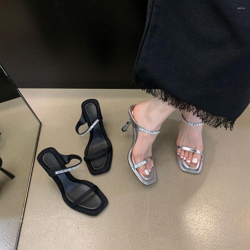 

Slippers Black/Silver Women Slides Sexy Ladies Dress Shoes Thin High Heels Party Pumps Summer Office Sandals Narrow Band