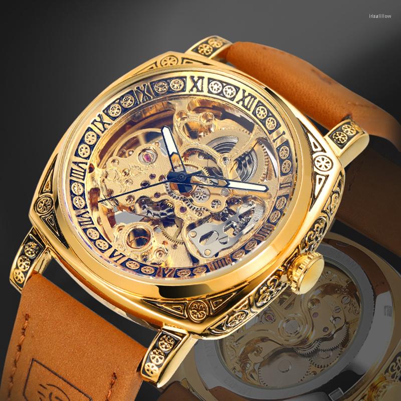 

Wristwatches Forsining Top Brands Fashion Business Men Watch Skeleton Flywheel Original Design Waterproof Leather Band Mechanical Male, Gold brown