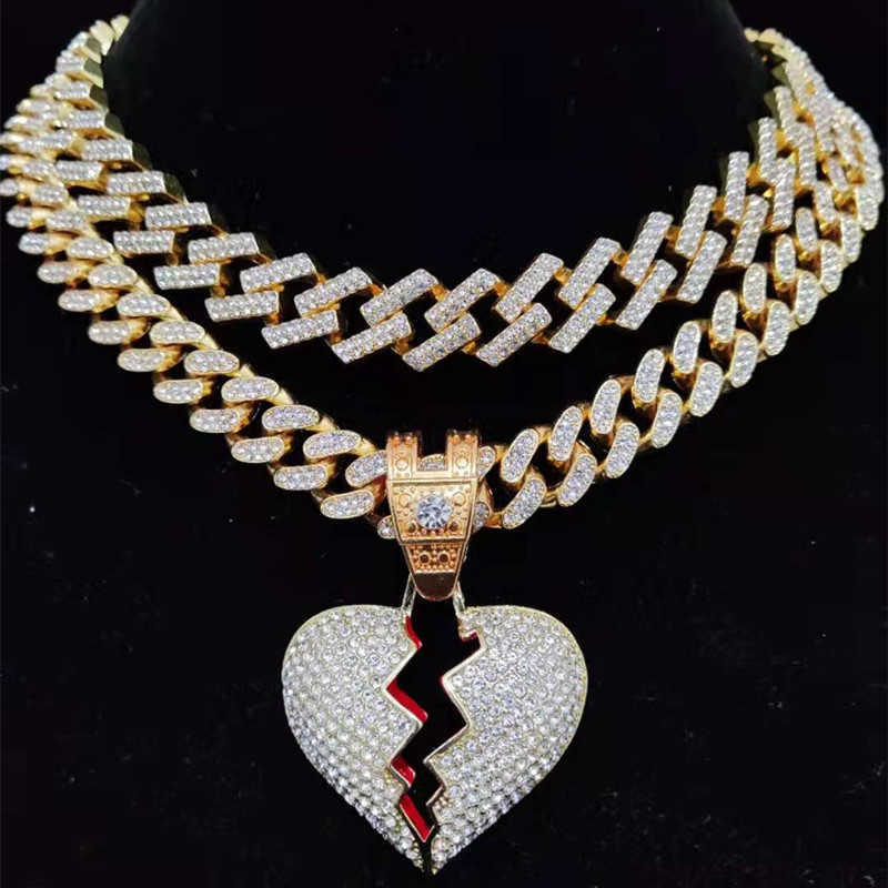 

Men Women Hip Hop Iced Out Bling Heart Pendant Necklace with 13mm Miami Cuban Chain Necklaces Fashion Hiphop Jewelry