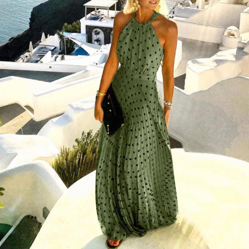 

Casual Dresses In Plus Size For Women Fashion Print Halter Polka Dot Sleeveless Pleated Dress Backless Sleeve, Black