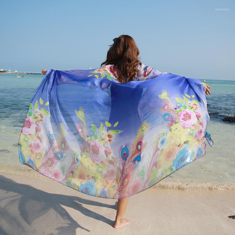 

Scarves Fashion Women Scarf Peacock Feather Print Silk Sunscreen Beach Towel Shawl Summer Ladies Chiffon Floral