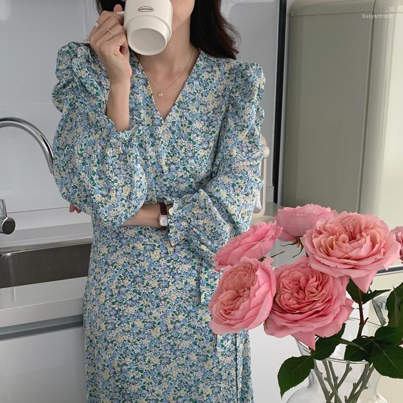 

Casual Dresses 2023 Spring Comfortable Pace Retro Floral A Chip Strap Dress, Blue