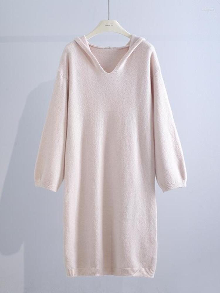 

Casual Dresses HOUZHOU Sweater Dress Women Elegant Vintage Long Sleeve Knitted Hooded Loose Solid V-neck Korean Fashion, Pink