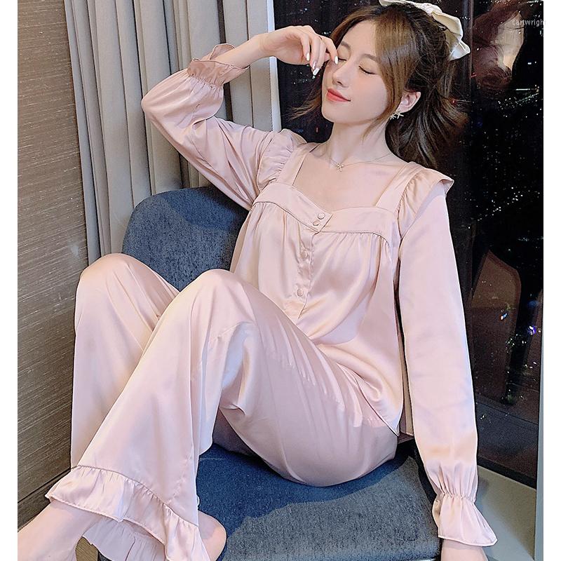 

Women's Sleepwear Women Set Satin Pajamas Sets Long Sleeve Autumn Spring Faux Silk Suit Female Home Wear Clothes, C yx186xin