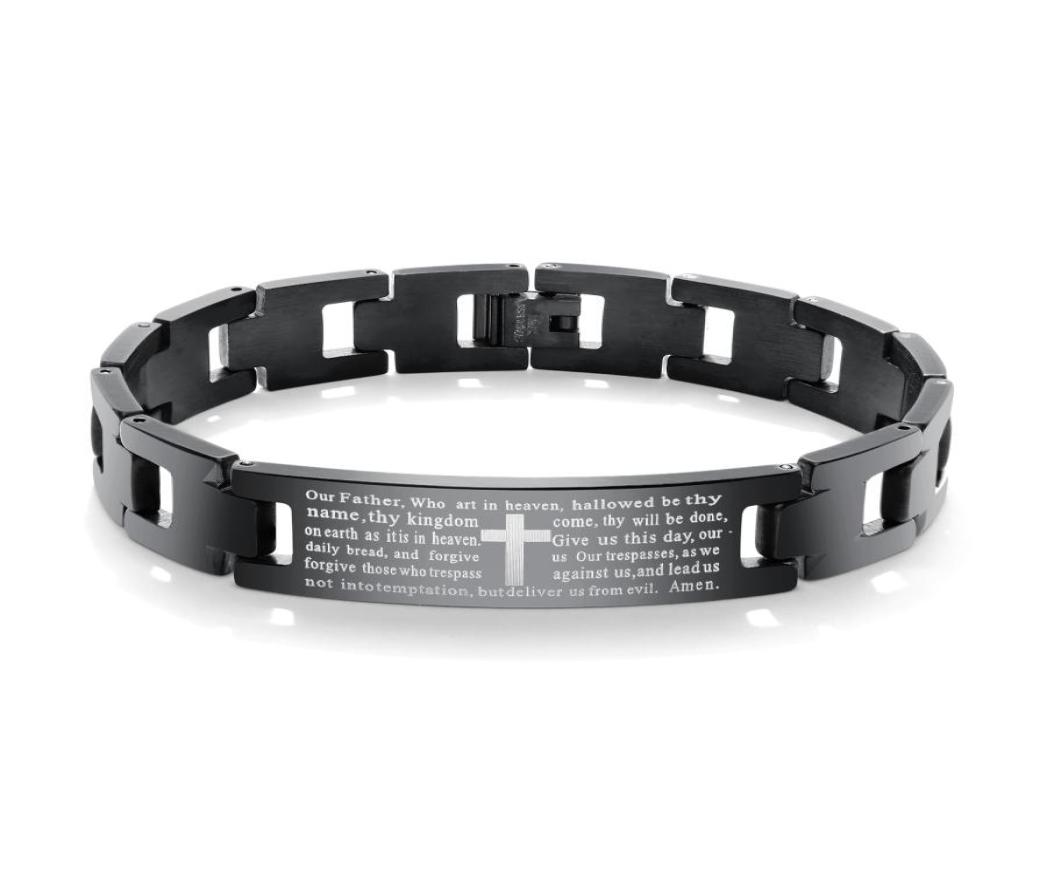 

Men039s Black Biker Heavy Chain Lord039s Prayer Cross Bracelet in Stainless Steel3912238