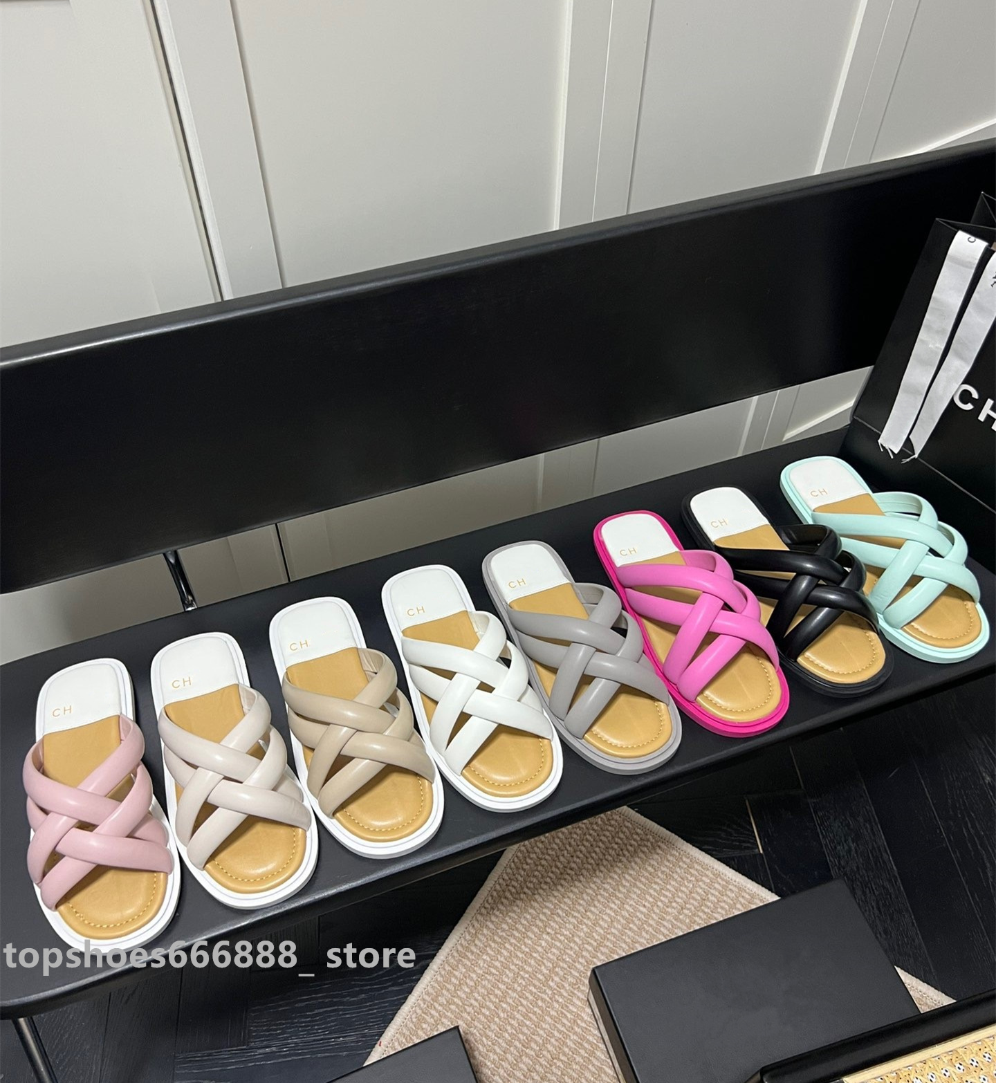 

Paris 2023 Brand designer slippers Women Summer New Style Fashion Genuine Leather Camellia Cross Band Open Toe Sandal chanei Beach Casual Buckle Strap Slide, F1 high quality