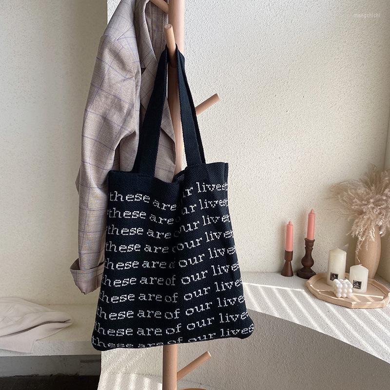 

Evening Bags Knitting Fabric Women Shoulder Bag Letters Design Winter Autumn Eco Shopping Woolen Yarn Cloth Tote Handbag For Ladies, Lives khaki