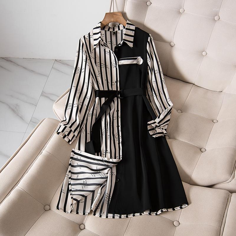 

Casual Dresses Large Size Women Spring Fashion Office Shirt Dress 2023 Long Sleeve Stripe Patchwork Button Elegant Loose Female, Black