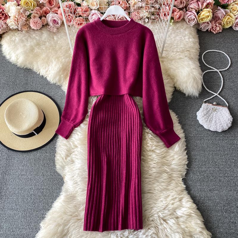 

Casual Dresses Long Sleeve Knitted Sets Two Pieces O Neck High Street Sexy French Vintage Women Romantic Elegant Party Female Y2K Dress, Black